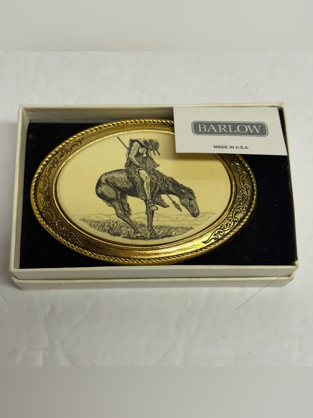 Vintage Brass Barlow Belt Buckle “End of Trail” Faux Scrimshaw Design